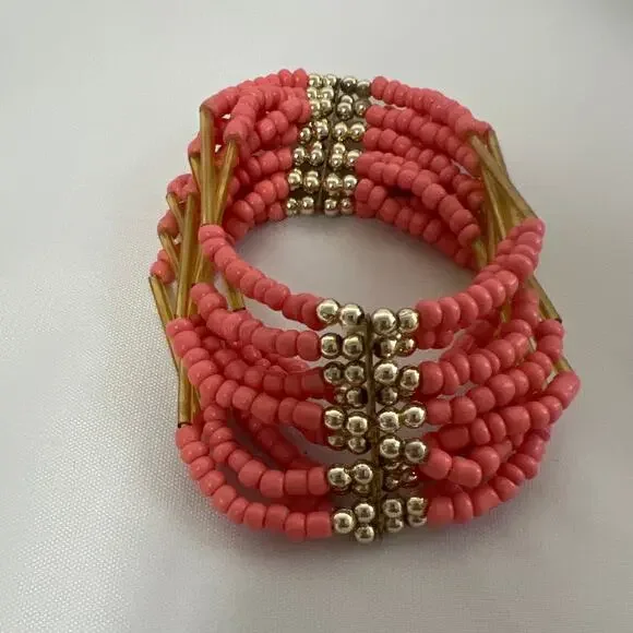 Multi-Strand Pink Beaded Stretch Cuff Style Bracelet - Picture 4 of 4